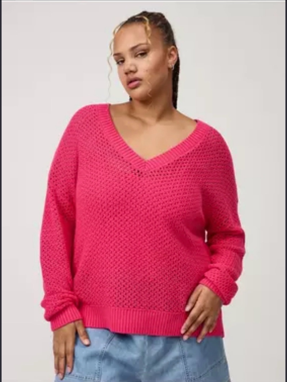 torrid V-Neck waffle Knit pull over Sweater - Bright Pink 00(M-L)